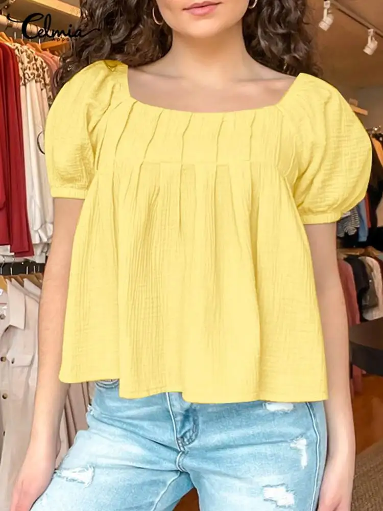 

Повседневная Свободная плиссированная рубашка Celmia, женская блузка с пышными короткими рукавами, летние топы с квадратным вырезом, празднич...