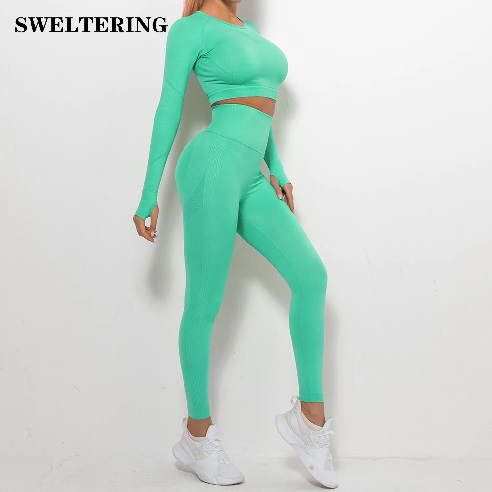 2PCS Seamless Tracksuit  Yoga Set Sexy Long Sleeve Crop Top High Waist Leggings Gym Workout Clothes 2 Piece Sportwear Women Set