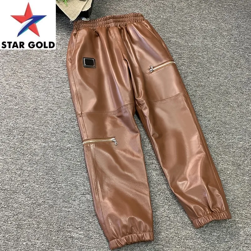 

Sheepskin Fashion Women Ankle Length Multi-Pockets Casual Harem Streetwear Elastic Waist Real Leather Pants Female