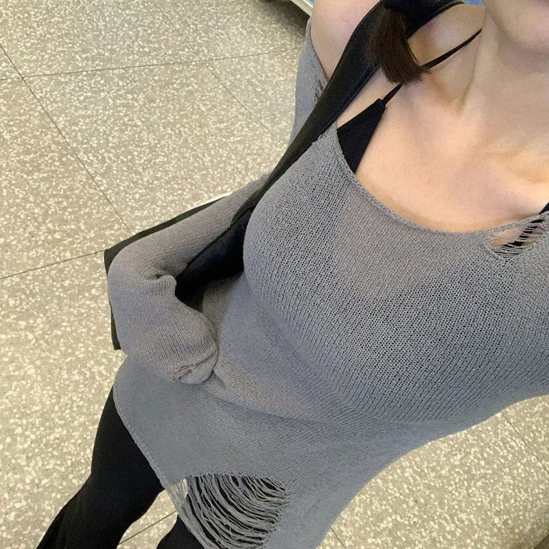 Harajuku гранж вязаные топы рваные с открытыми плечами футболки винтажный пуловер