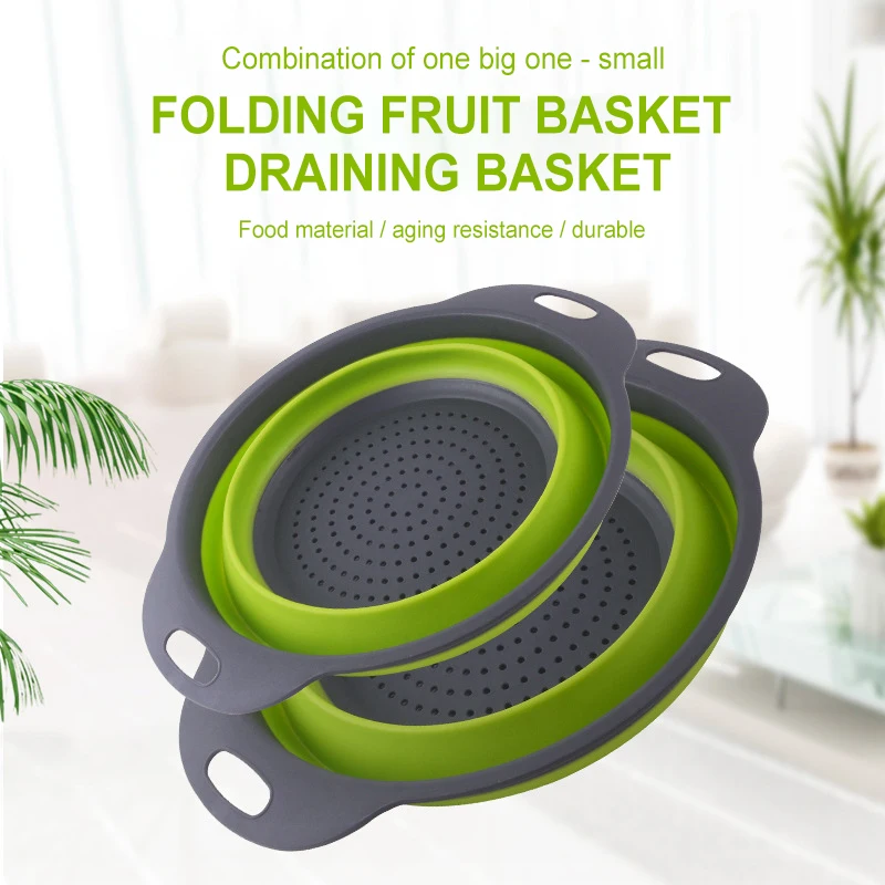 

New Vegetable Washing Basket Round Drain Basket Kitchen Telescopic Folding Fruit Blue 2 Size Space-Saving Folding Drain Baskets
