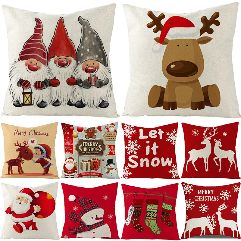 

Home Bedroom Living Room Decor Pillowcase Christmas Decoration Cushion Cover Pillow Cover Santa Elk Dwarf Print Pillowcase