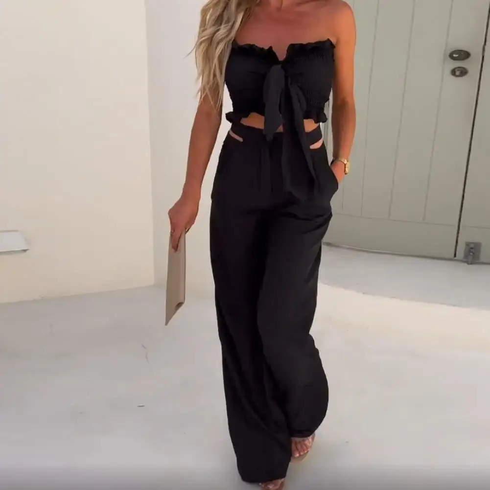 

2Pcs/Set Women Tops Pants Set Solid Color Shirring Bow-knot Decor Off Shoudler Sleeveless Cropped Top Trousers Set Prom Clothes