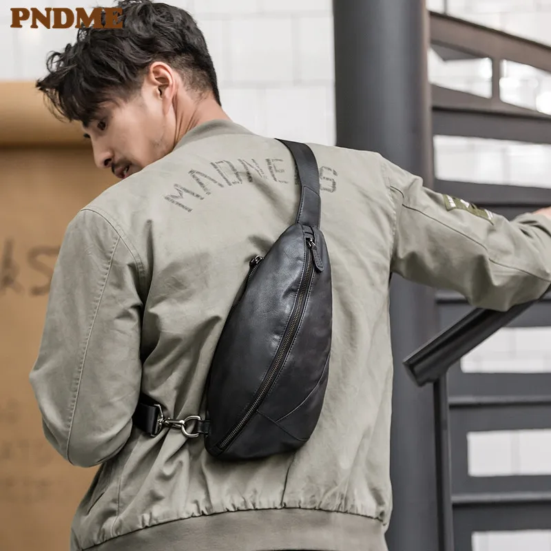 Casual splicing high quality genuine leather men's chest bag fashion designer natural cowhide black shoulder messenger bag