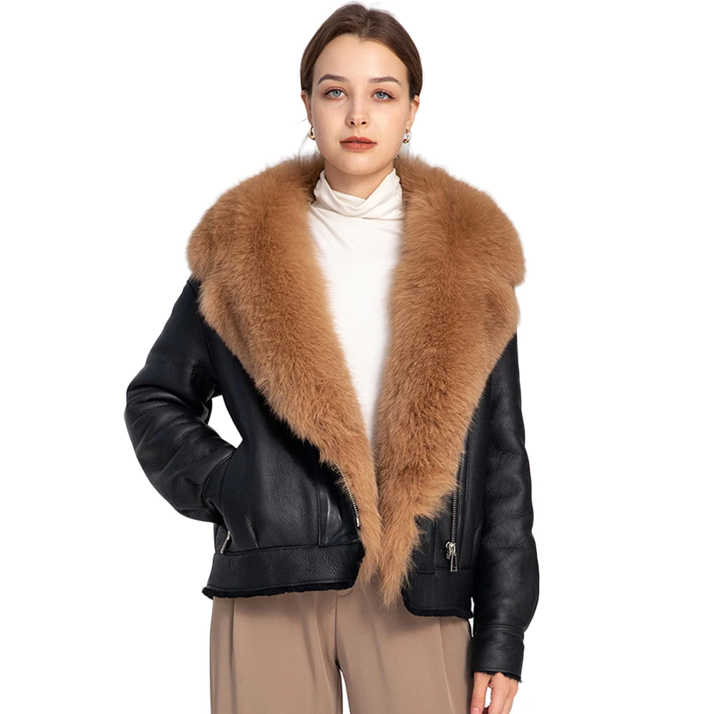 2022 New Lady Leather Jacket Big Real Fox Fur Collar Shearing Coats Lamb Fur Lining Winter Warm Genuine Sheepskin Overcoats 8608