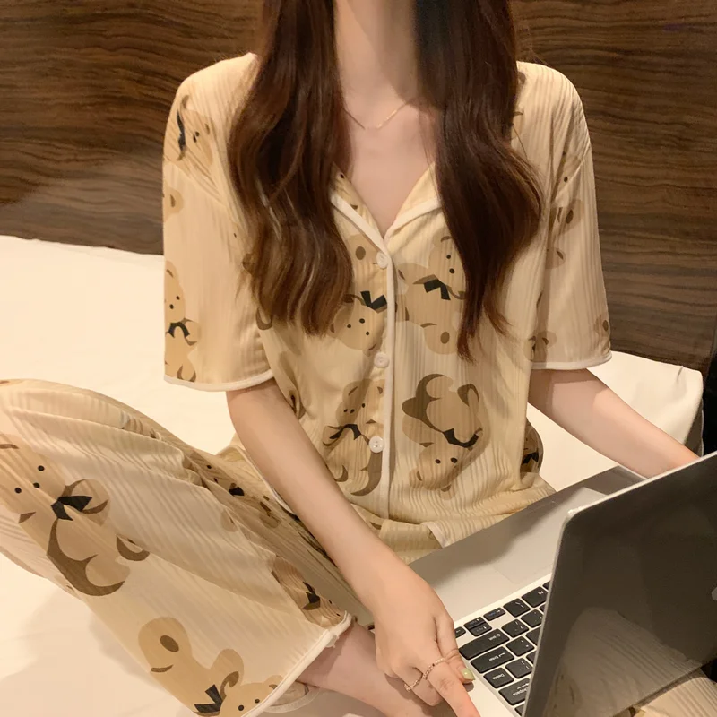 Aging cute bear Pajama suit women's summer 2022 new lazy style can be worn outside home clothes three piece suit fashion