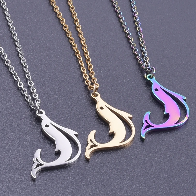 

Stainless Steel Jewelry Dolphin Trendy Necklaces For Women Rainbow Slicing Animal Float Charms Palm Pendants Metal Chains