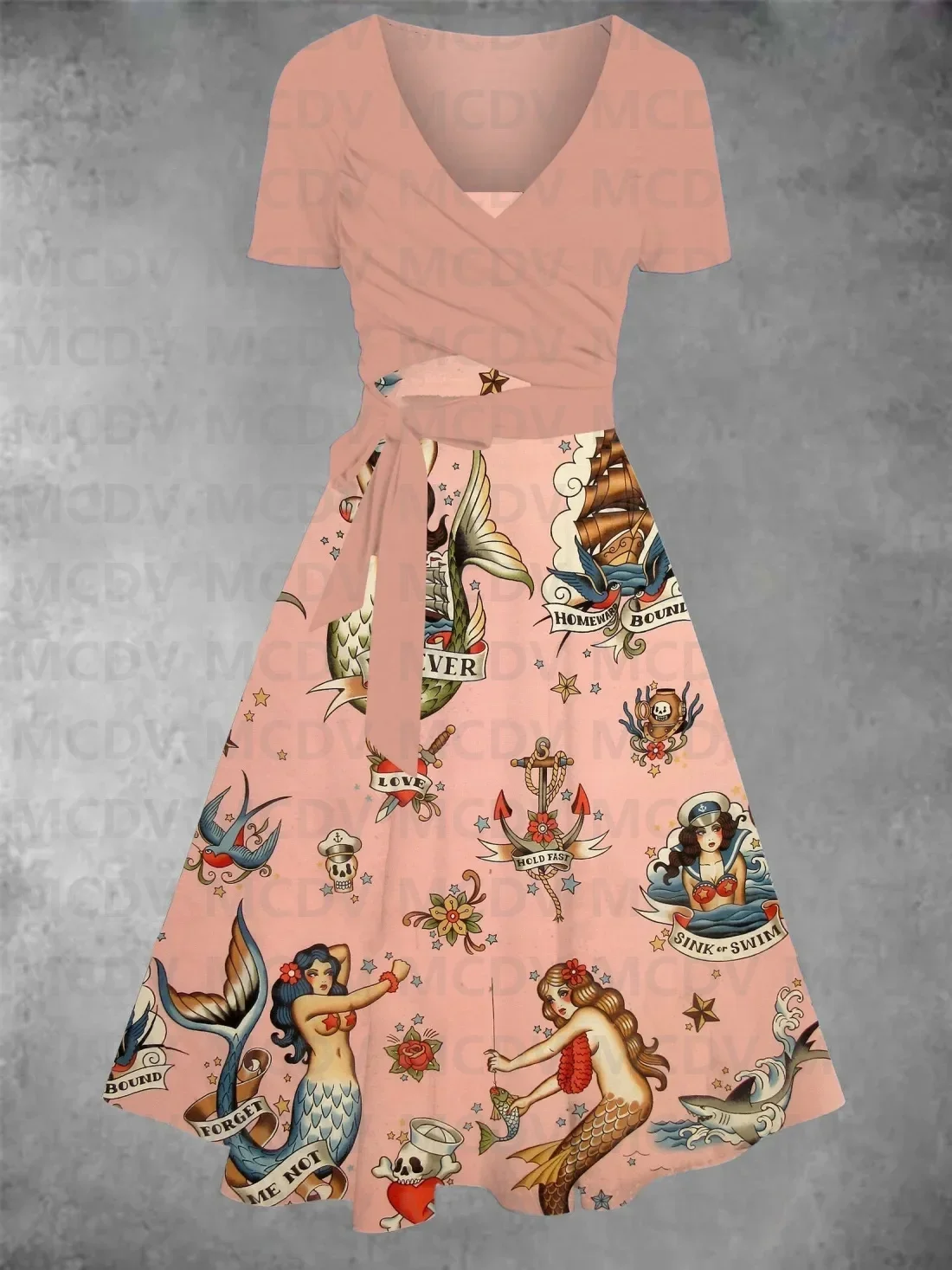 Женское старое школьное платье из двух частей с принтом татуировок