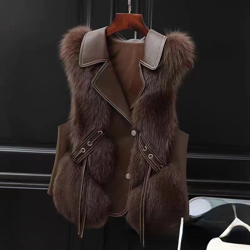 Fur Coat Women Autumn Winter New Warm Leisure Stitching Fox Fur Vest Coat Fashion Streetwear Sleeveless Jackets