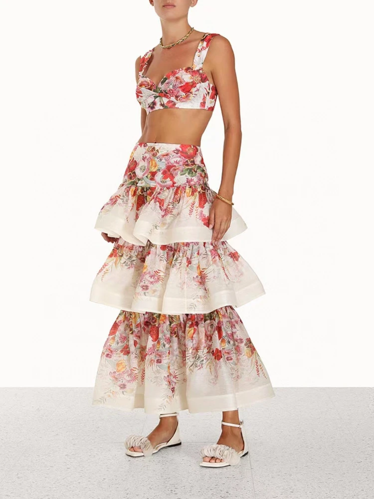 

2023 Spring Summer High Quality Linen Silk Floral Printing New Crop Top Cascading Ruffles Midi Skirt Set for Women