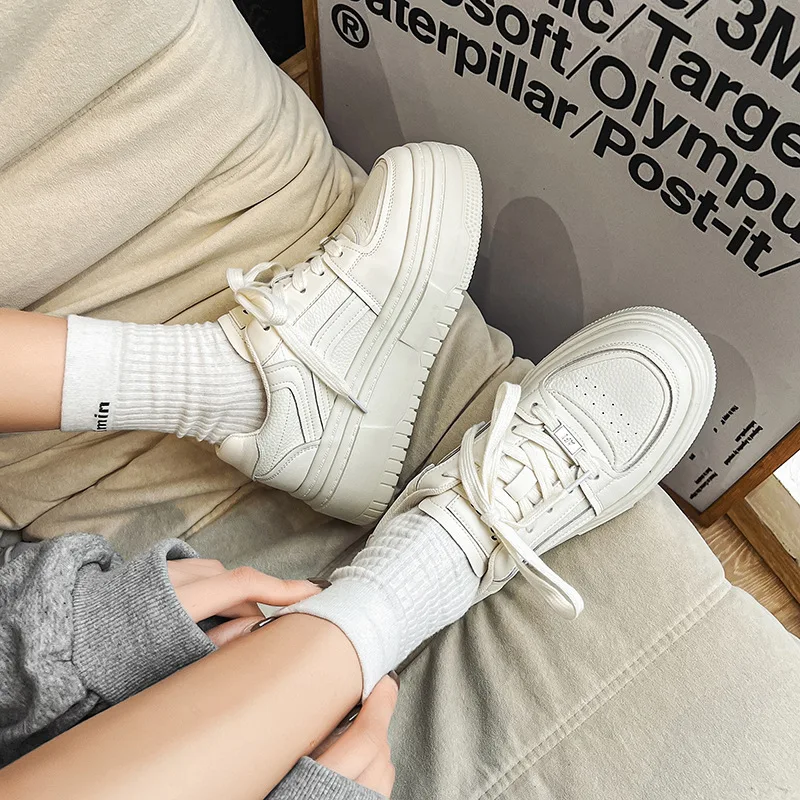 Casual Sneakers Women Splite Leather Patchwork Mixed Colors Lace-Up Round Toe 5cm Platform Shoes Lady Flats Off-white Sports