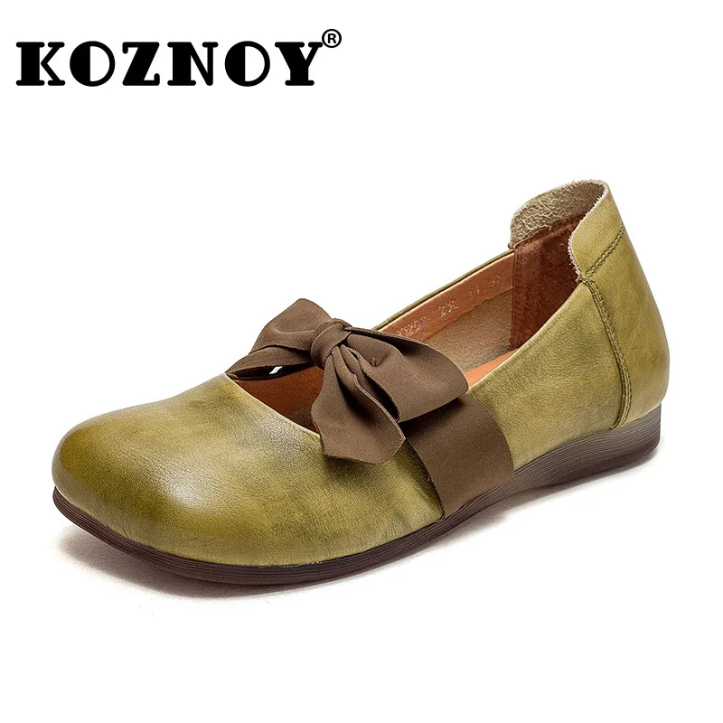 Koznoy Autumn Woman Flat Shoe 2cm Retro Ethnic Genuine Leather Mom Spring Shallow Comfy Fashion Moccasins Butterfly Knot Shoes