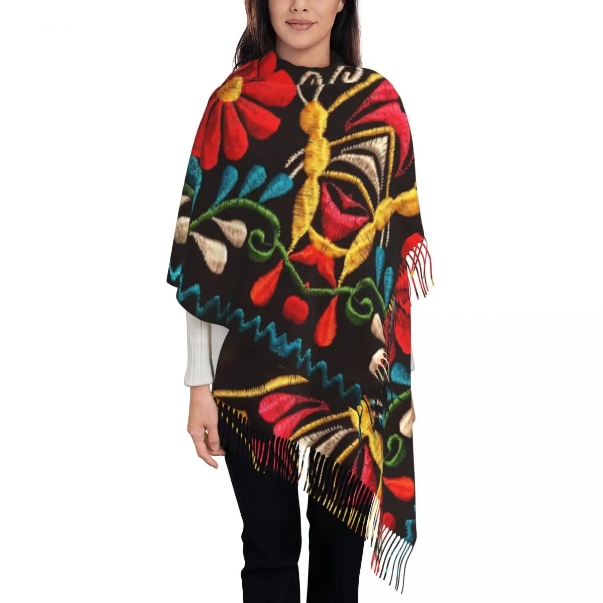 

Mexican Butterflies And A Red Flower Scarf Wrap Long Winter Fall Warm Tassel Shawl 3D Print Traditional Embroidery Scarves