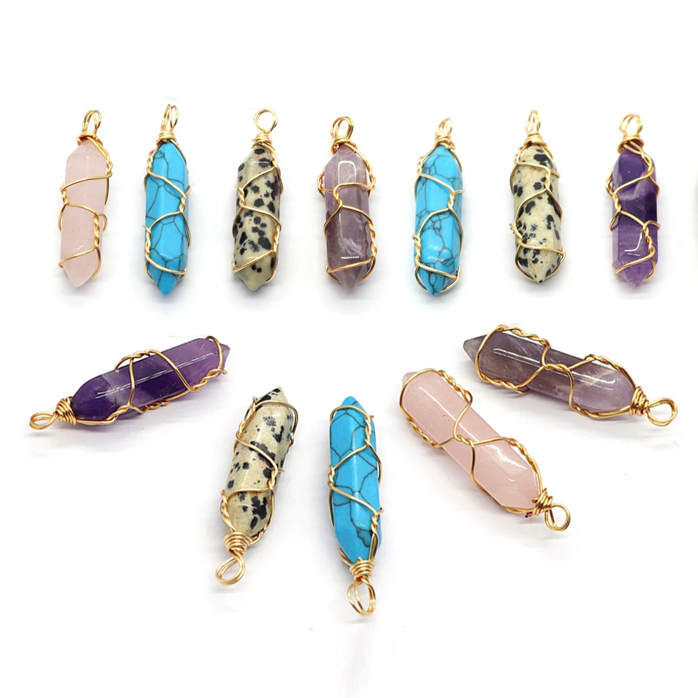 

Amethyst Necklace Charms Crystal Pillar Trendy Natural Stone Pendant DIY Making Jewelry Hexagonal Column Opal Geometric Charms