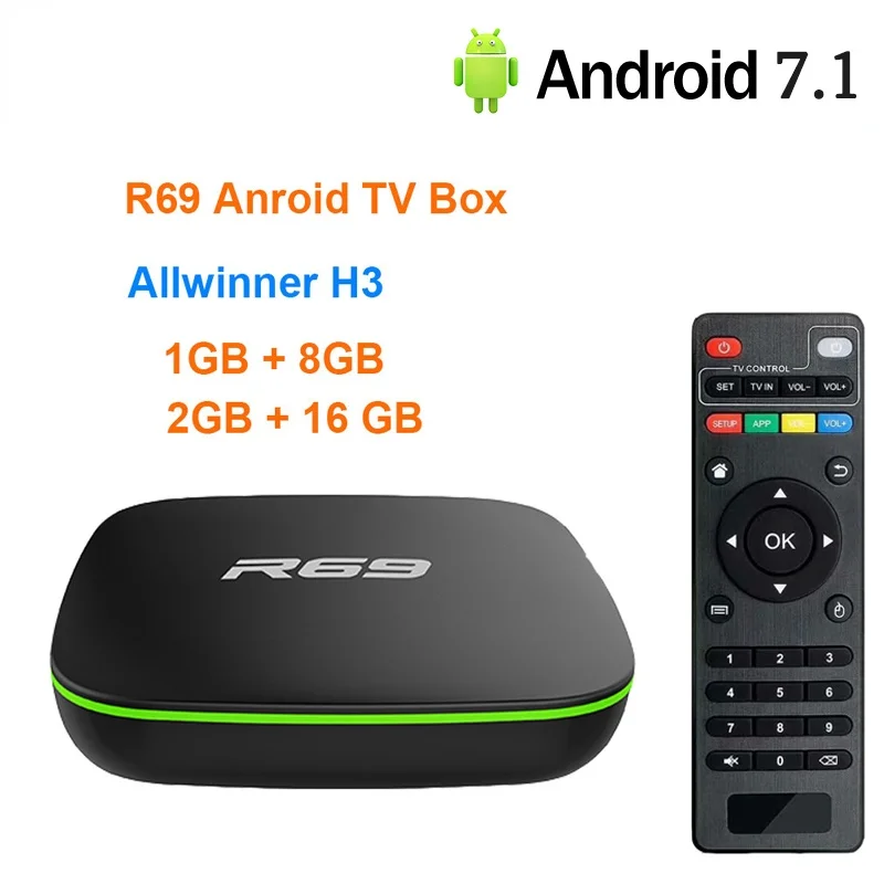 

Высококачественная ТВ-приставка R69 Android 7,1 Allwinner H3 четырехъядерный процессор 1G8G 2G16G 2,4 ГГц Wi-Fi 1080P HD домашняя смарт-приставка без приложения