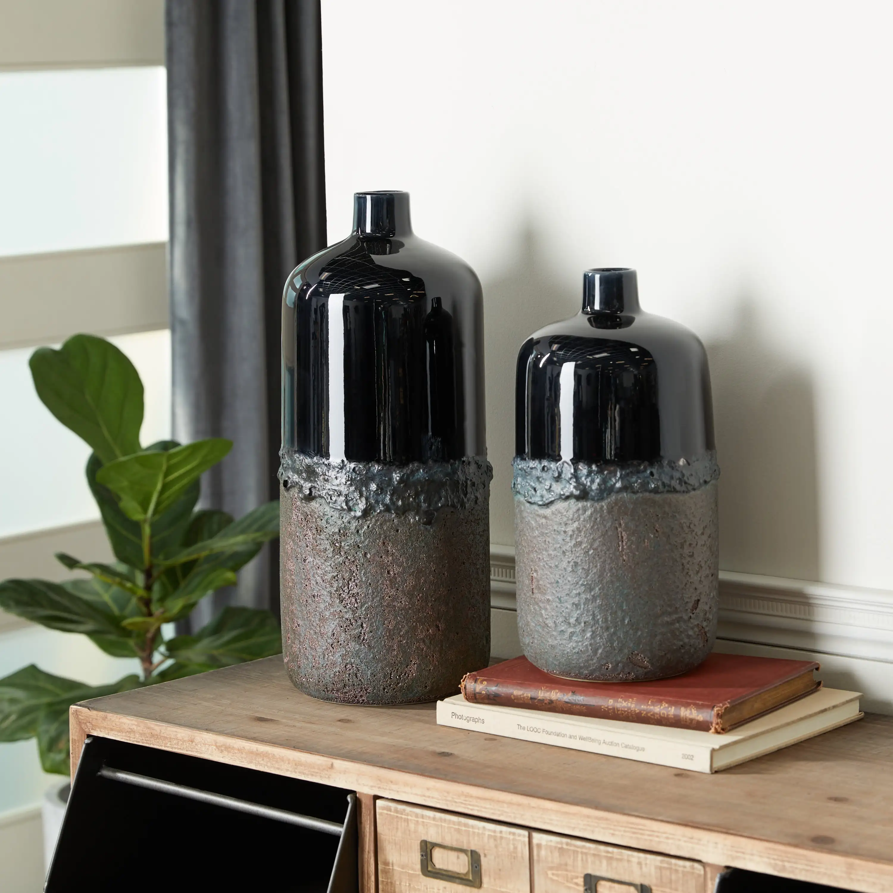 

19", 15"H Black Ceramic Vase, Set of 2