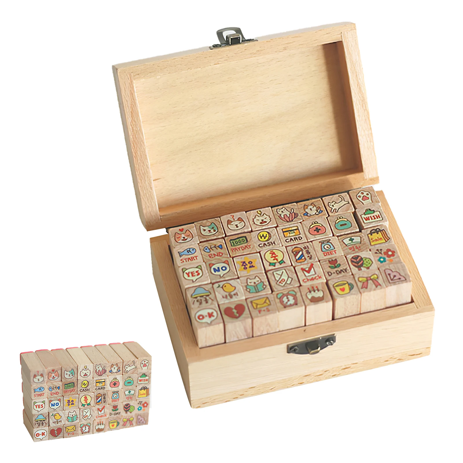 

40Pcs Wooden Rubber Stamps Mini Cute Cartoon Cat Harmless DIY Diary Scrapbooking Stamps Set With Wooden Box Home Decoration