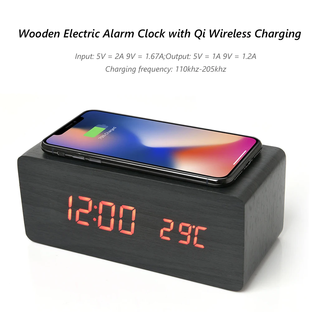

Wooden Electric Alarm Clock for iPhone Samsung with Qi Wireless Charging Pad LED Digital Sound Control Phone Charger