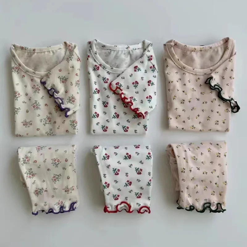 

Ins Summer Girl Baby Cute Ruffle Homewear Set Boy Children Flower Print Short Sleeve Tops+Pants 2Pcs Kid Cotton Casual Tees Suit