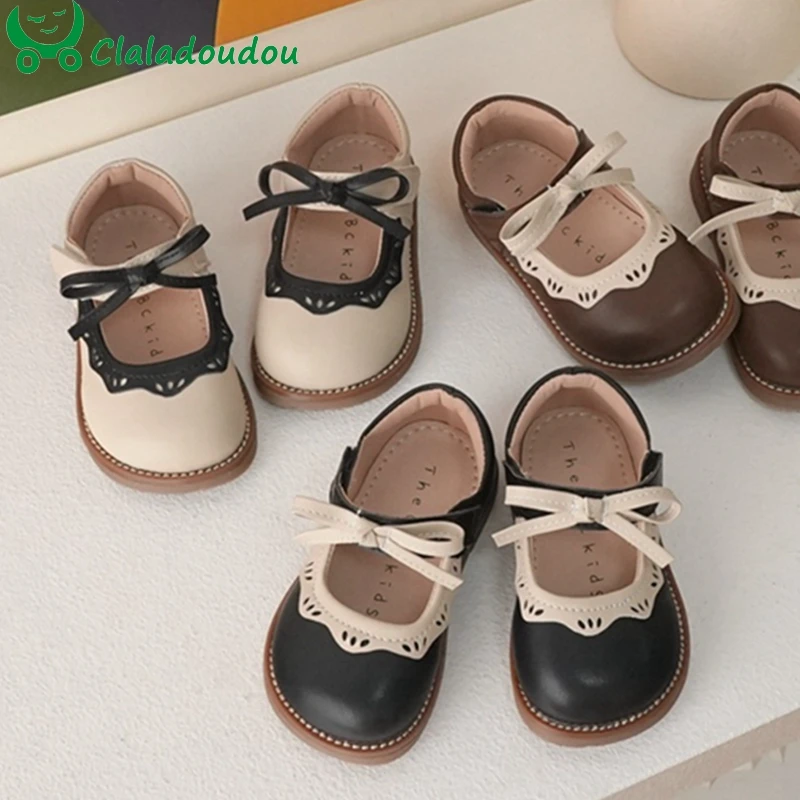 

12-19cm 2023 New Ruffles Dress Shoes For 0-6years Kids Girls,Black Beige Soft Cute Bowtie Pu Leather Shoes For Children Spring