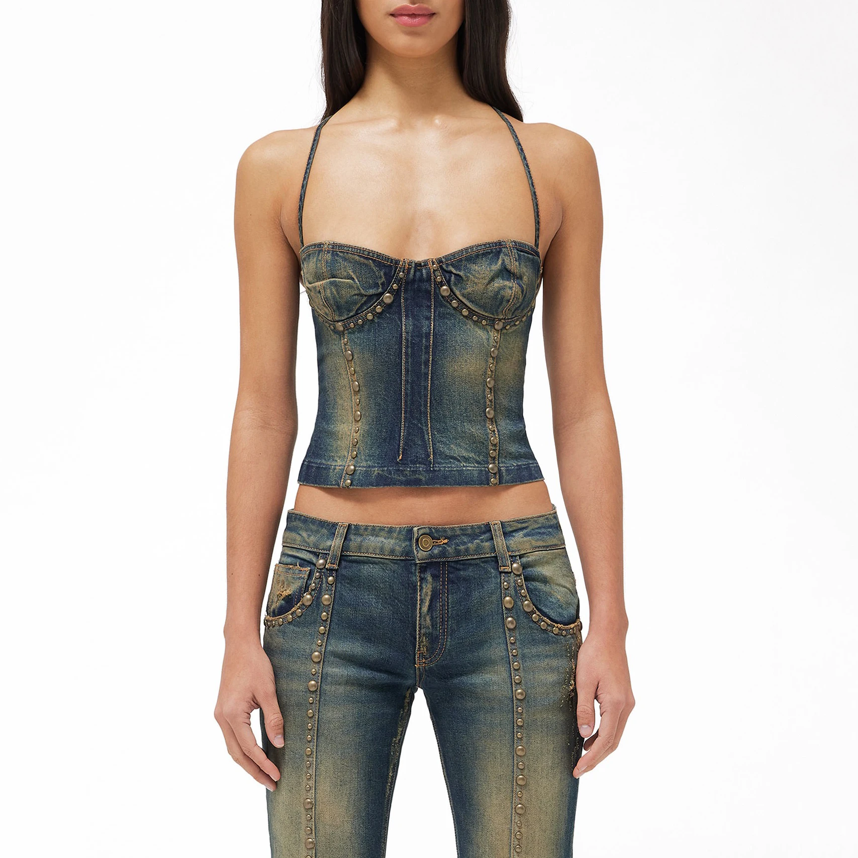 

Sexy backless short section sleeveless sling Top women y2k retro do old hot girl style rivets embellished denim tops 2023 new