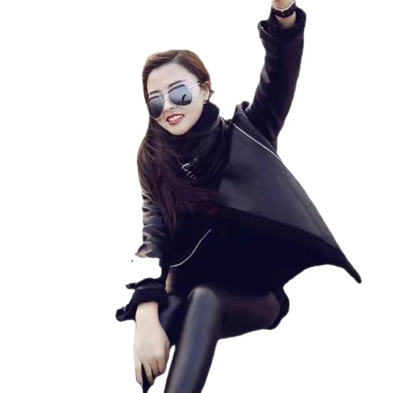 2022 autumn winter Korean fashion thickened lamb fur integrated motorcycle leather pu leather cotton coat coat female clothes