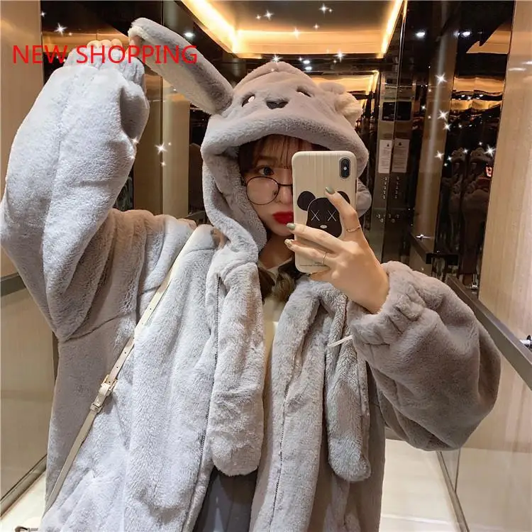 Furry Bomber Jacket Autumn Winter Girls Warm Thick Move Ears Hooded Plush Cotton Padded Coat Parka Faux Fur Puffer Cardigan Tops