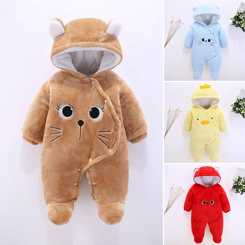 

Winter Hooded Flannel Jumpsuits Soft Fleece Thicken Warm Bear Romper For Boy Girl Newborn Baby Romper Cat Shape Outfit Romper