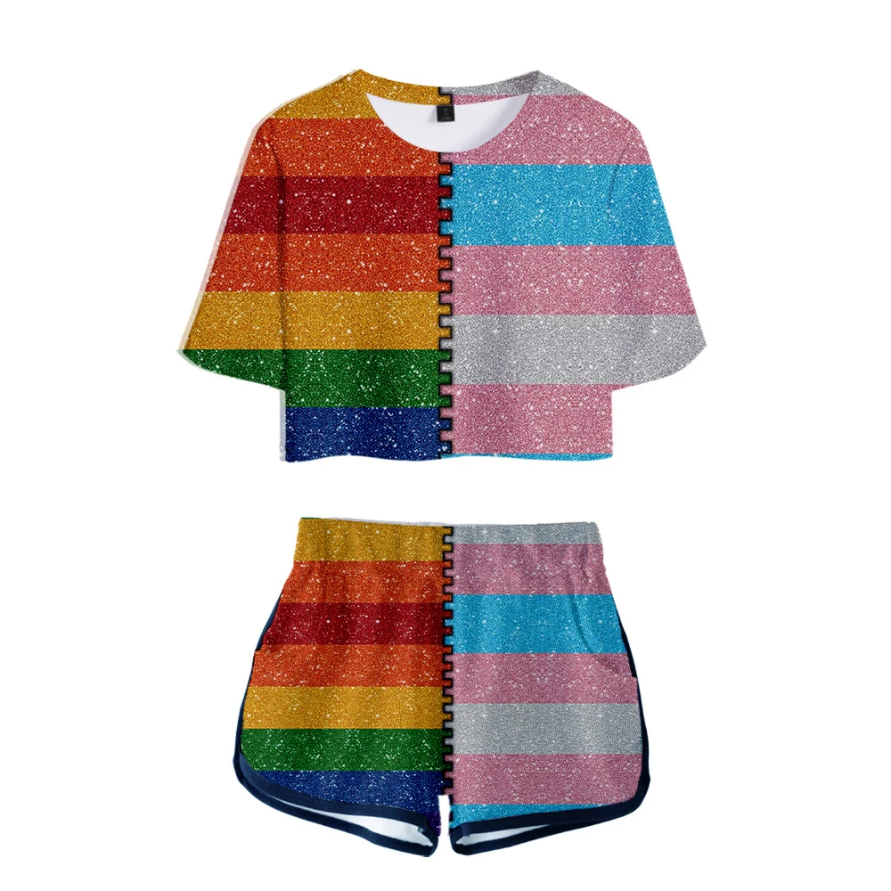 

Jumping sports Rainbow design Girl 2-piece summer cute short sleeve T-shirt shorts Fashion proud girl T-shirt shorts sell well
