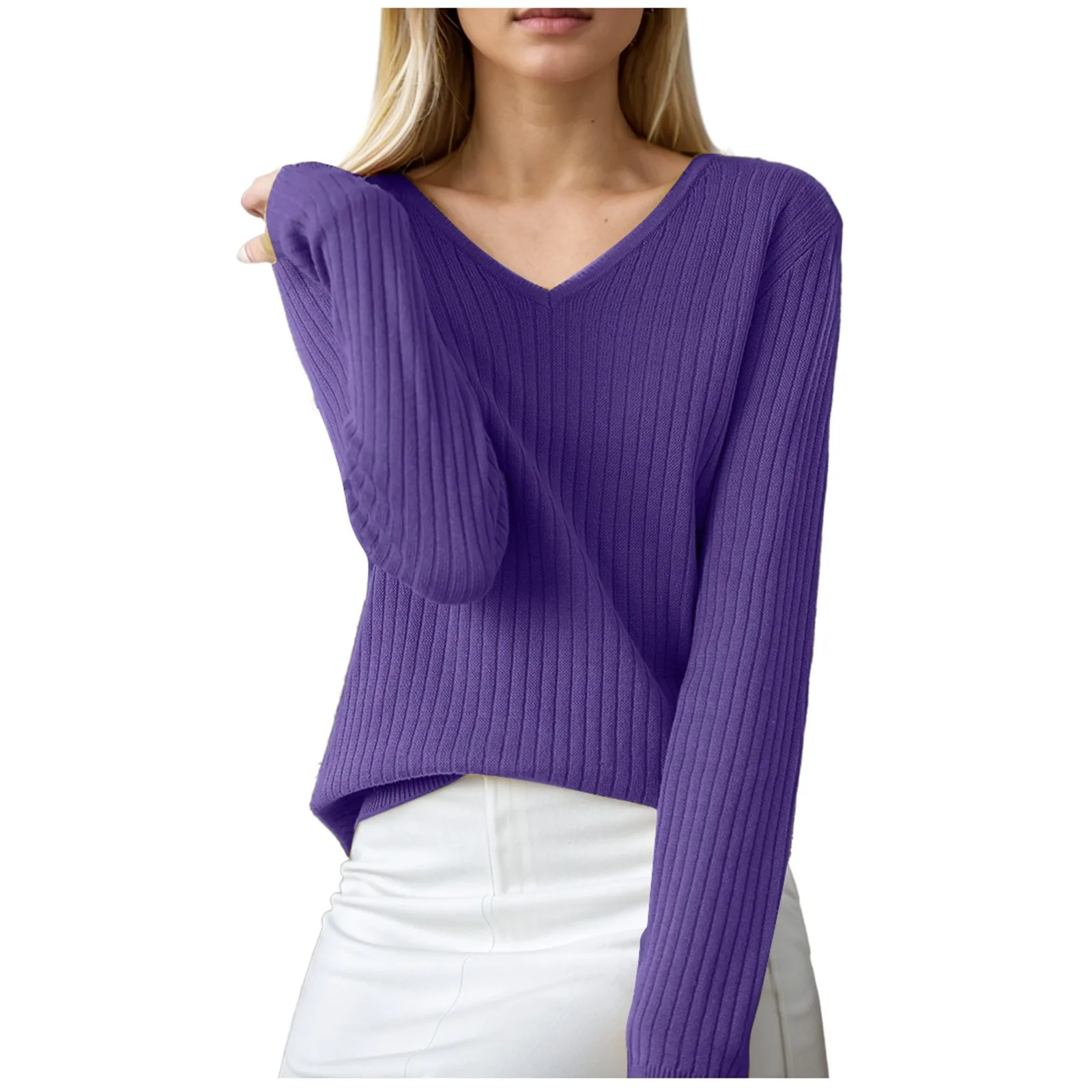 Новинка 2024 женские свитера повседневные однотонные джемперы с v-образным вырезом