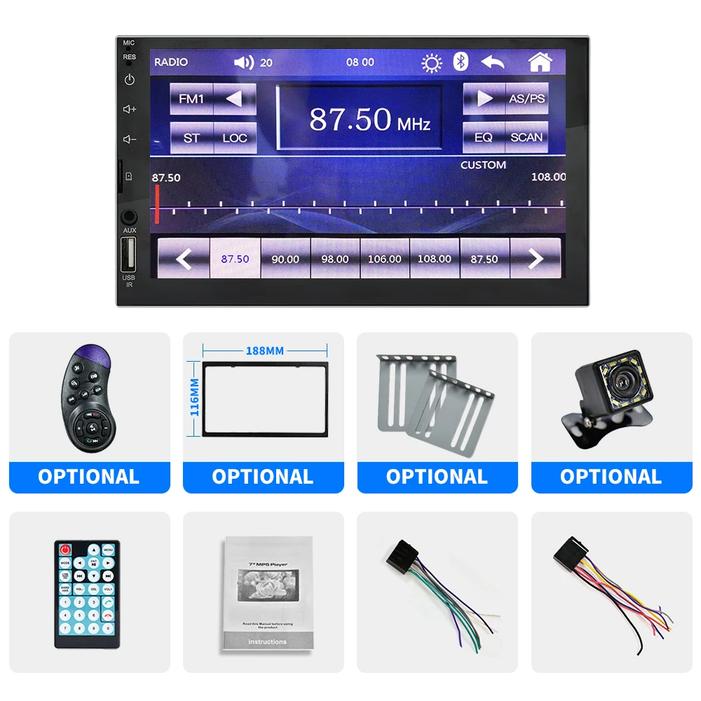 Фото Автомагнитола CarPlay, 2 din, Android, 7-дюймовый дисплей, Bluetooth, гарнитура громкой связи, TF, Aux-in, USB, головное устройство, FM, стерео №5