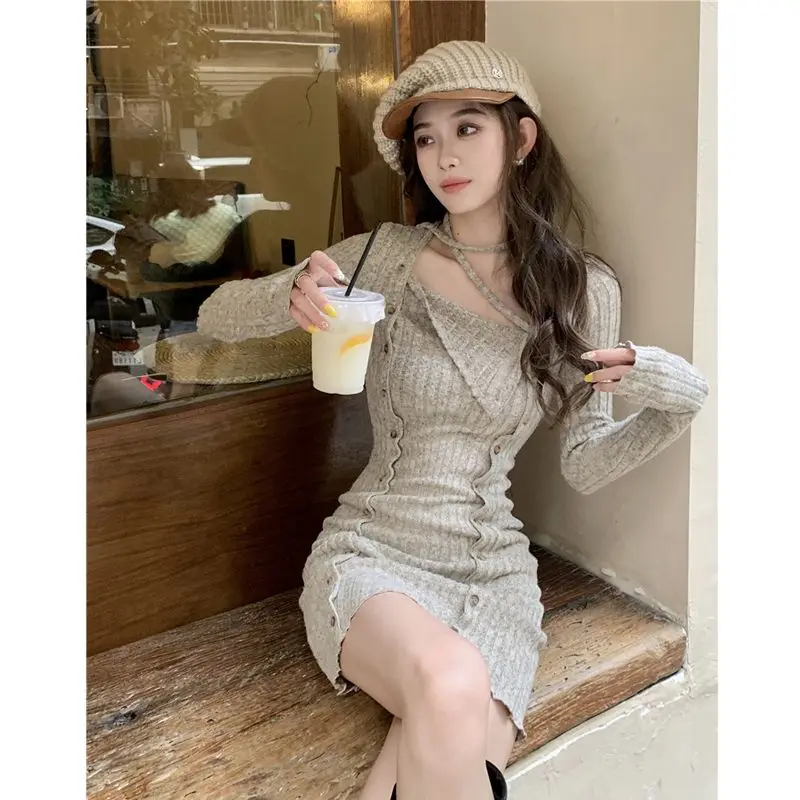 

WDMSNA Solid Color Slim Robe Square Collar Long Sleeve Button Knitted Dress Womens Autumn New Sexy Slim Waist Vestidos De Fiesta