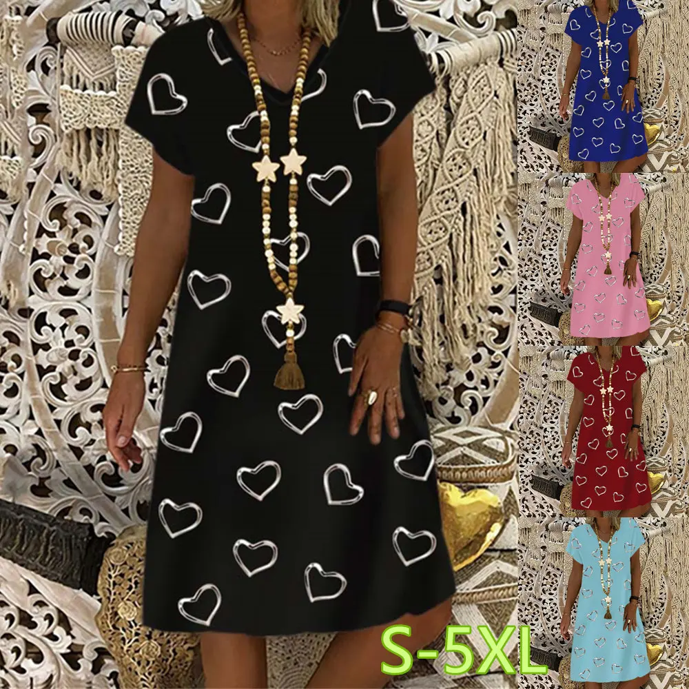 

2022 Summer New Fashion Women's Printed Short Sleeves Casual V-Neck Dress Loose Plus Size Soft and Comfortable Dress S-5XL