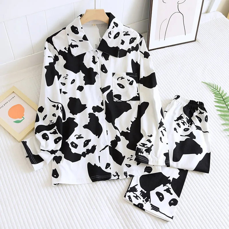 Cartoon Panda Pajamas Suit Couple Models Knitted Cotton Nightwear Four Seasons Thin Men Women Long-sleeved Trousers Home Clothes