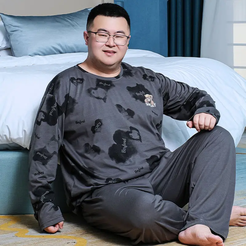 1 Age season fertilizer plus-size men printed cotton pajamas long-sleeved pants fat loose fat and leisurewear suit