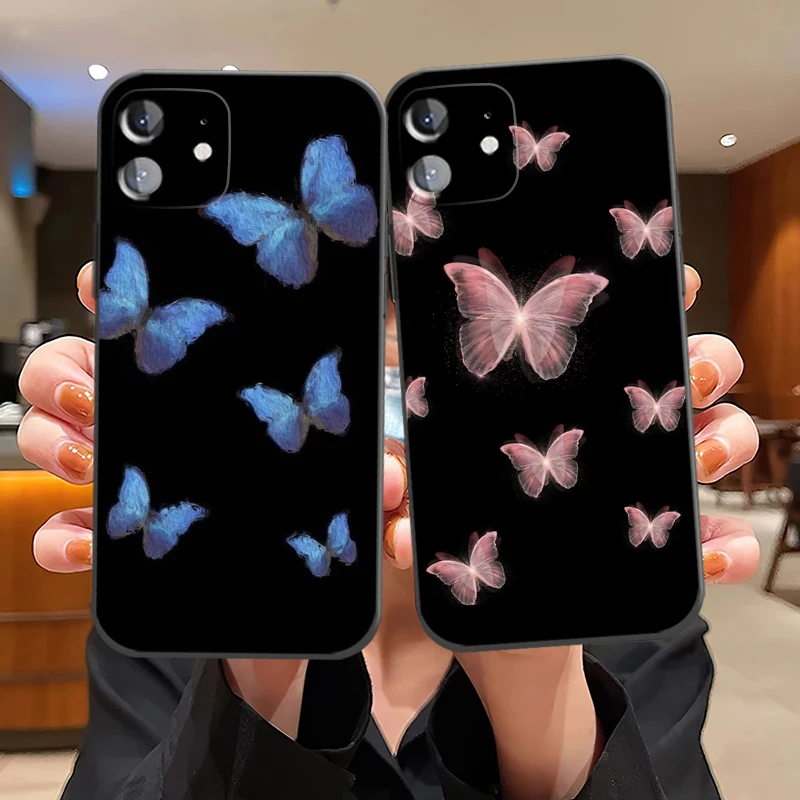 

Beautiful Butterfly Phone Case For iPhone 13 11 Pro 12 MAX Mini X XR XS 8 7 Plus SE 2020 6 6s Black Liquid Silicon Soft Back