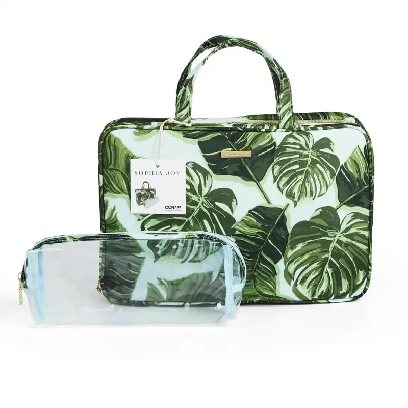 

Travel Cosmetic Bag Weekender with Transparent Case, Palm Blue Pattern