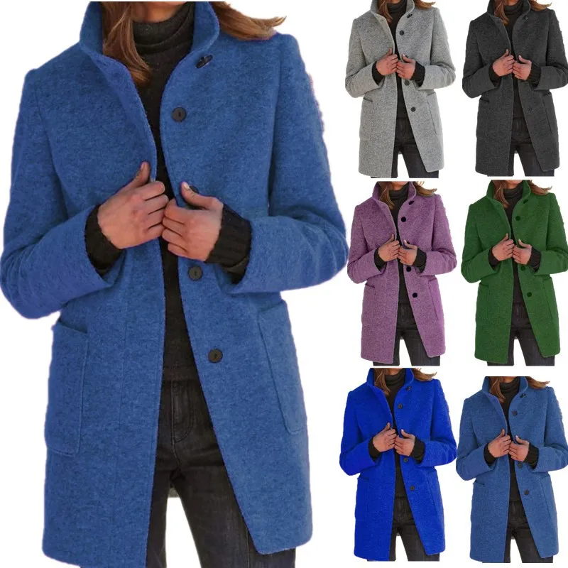 

Fall/Winter 2022 European and American women's new vintage solid color button stand up collar tweed coat women