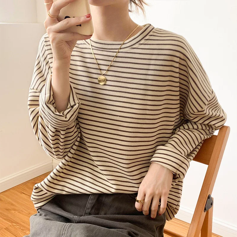 

Spring Autumn Classic Spell Color Striped Women T-Shirts OL Lady New Long Sleeve O-Neck Casual Shirts Female Knitting Tops