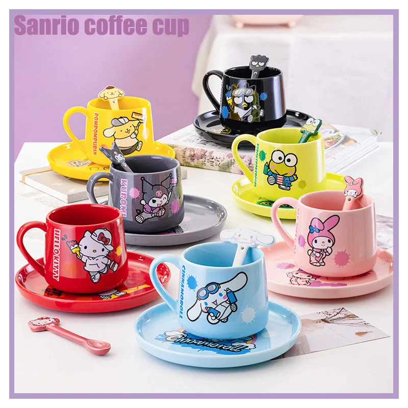 Cartoon Cute Doodle Series Ceramic Coffee Cup Plate Set Anime My Melody Cinnamoroll Kuromi Kawaii Afternoon Tea Mug with Spoon