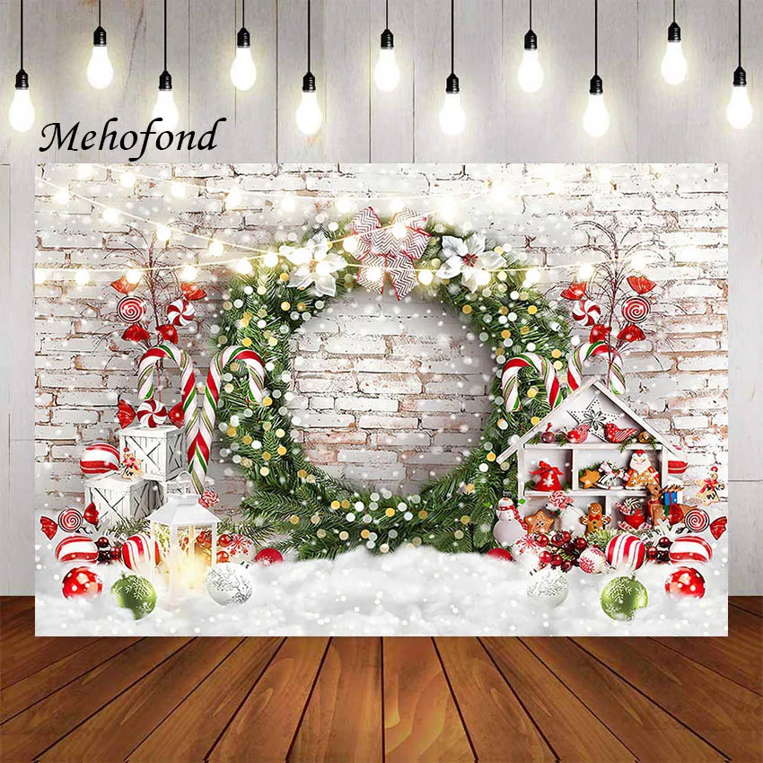 

Mehofond Photography Background Christmas Brick Wall Wreath Candy Gingerbread Xmas Party Kid Portrait Decor Backdrop Photo Studi