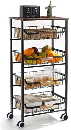 

Storage Rolling Cart, Kitchen Cart with Lockable Wheels, 5 Tier Metal Wire Basket Shelf Rolling Storage Cart with Wooden Handle,