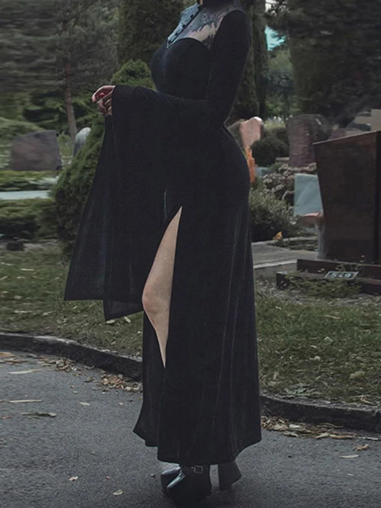 

Женское длинное бархатное платье Goth, черное платье с разрезом сбоку и расклешенными рукавами, прозрачное кружевное вечернее платье Макси