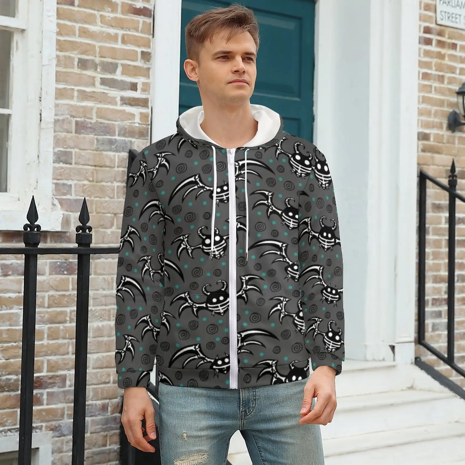 

Skeleton Bats Casual Hoodies Long Sleeve Green Dots Print Kawaii Zip Hoodie Winter Men Korean Fashion Oversize Custom Clothing