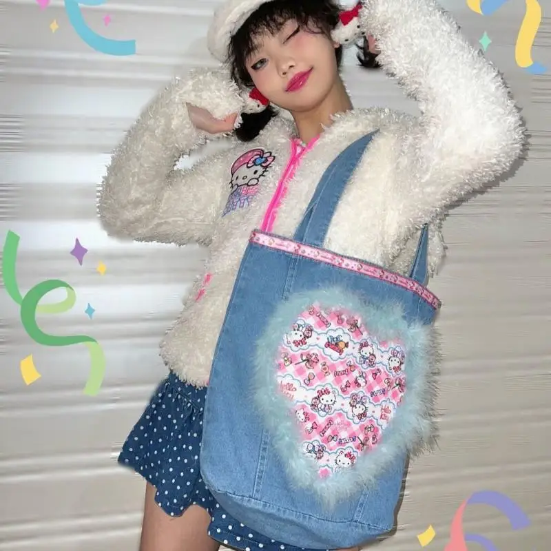 

Kawaii Sanrio Denim Bag Hello Kittys Mymelody Cinnamoroll Cute Beauty Creative Spice Girl Retro Denim Messenger Bag Girls Gift