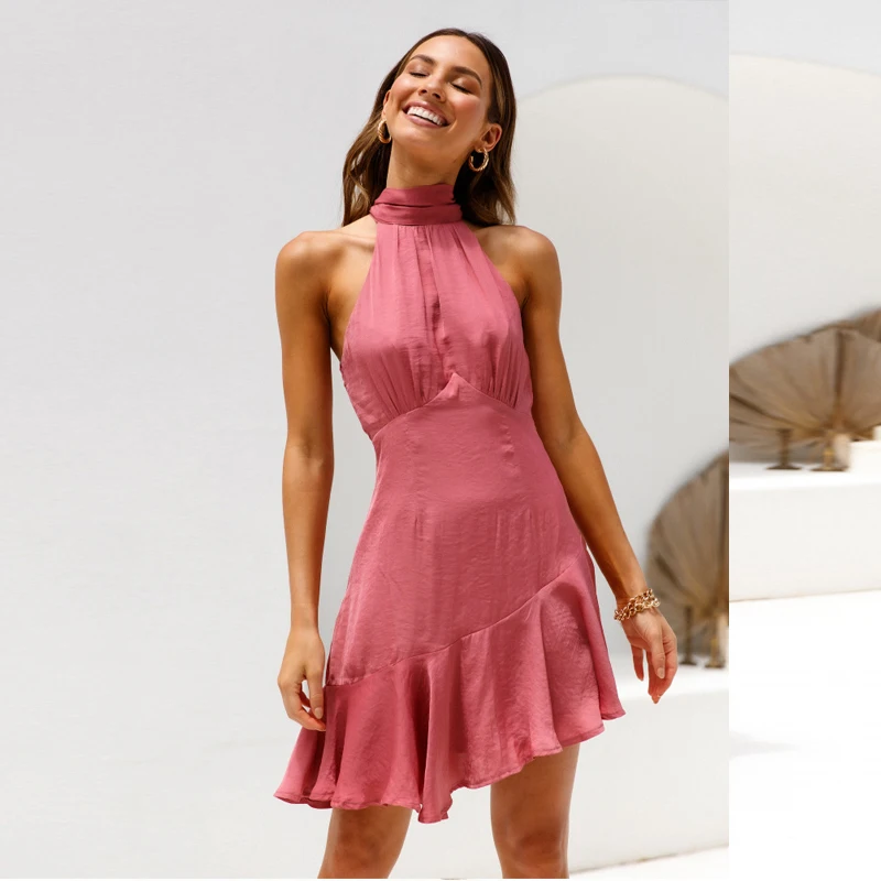 

Spring and summer European and American temperament women's party dress dress sleeveless Neck Lace Up backless Ruffle irregular