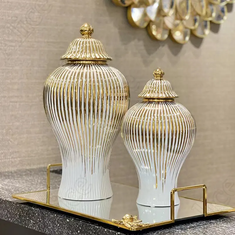 

European Style Golden Line Ceramic Flower Vase Modern Living Room Decoration TV Cabinet Porch Desktop Vases Bedroom Jar Ornament