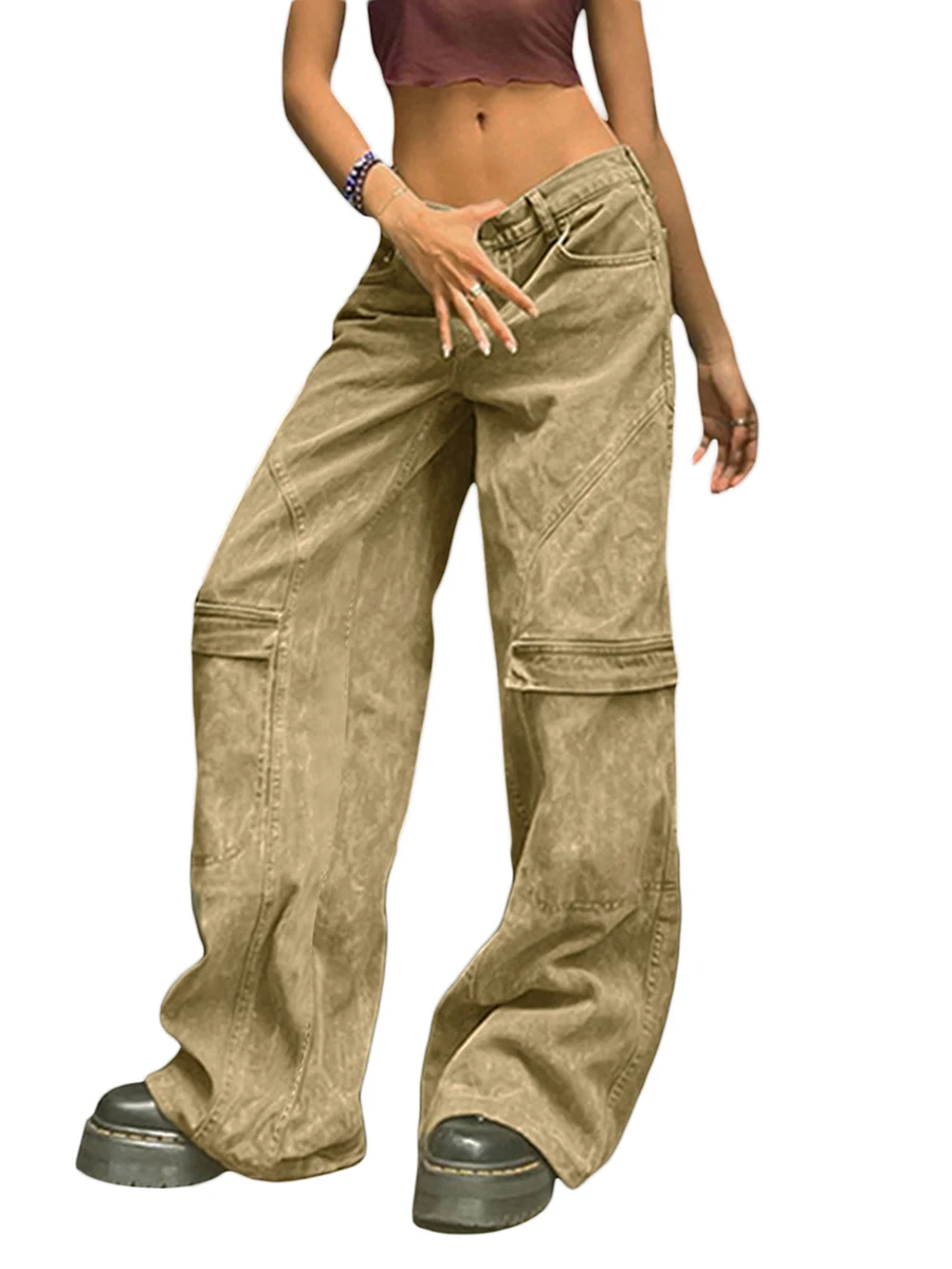 

Женские брюки-карго с низкой талией, однотонные мешковатые брюки с завязками, повседневные длинные спортивные брюки с несколькими карманами и широкими штанинами, Y2K