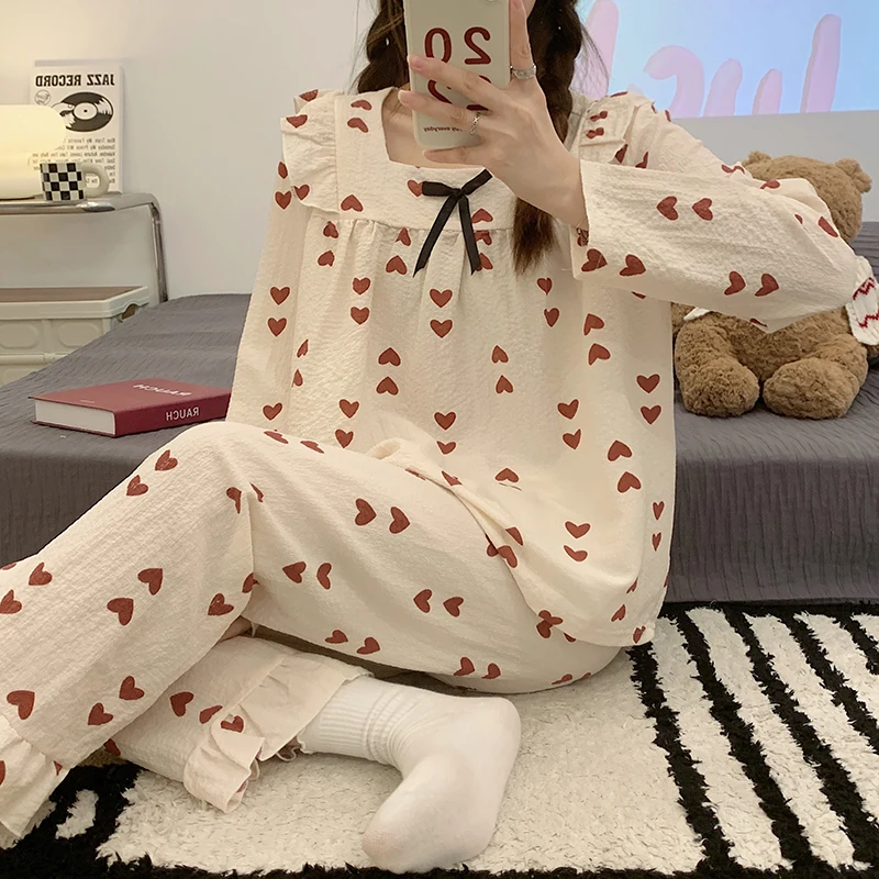 CAIYIER 2022 Winter Women's Peach Sleepwear Medieval Flare Sleeve Casual Nightwear Loungewear Girls Korean Ruffle Pajamas Set