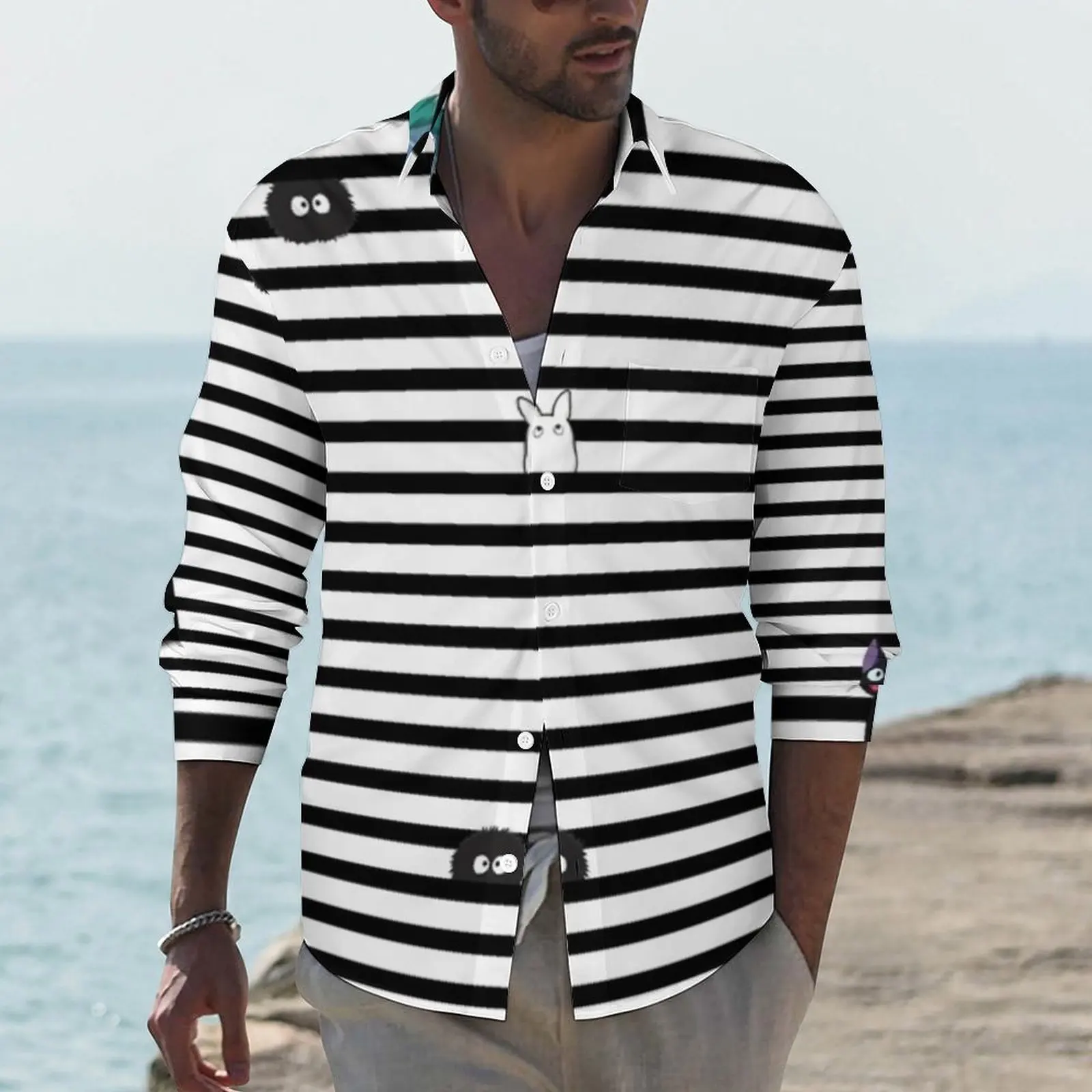 

Spirited Away And Totoro Stylish Casual Shirt Men Classic Striped Shirt Spring Cool Blouses Long Sleeve Graphic Oversize Clothes
